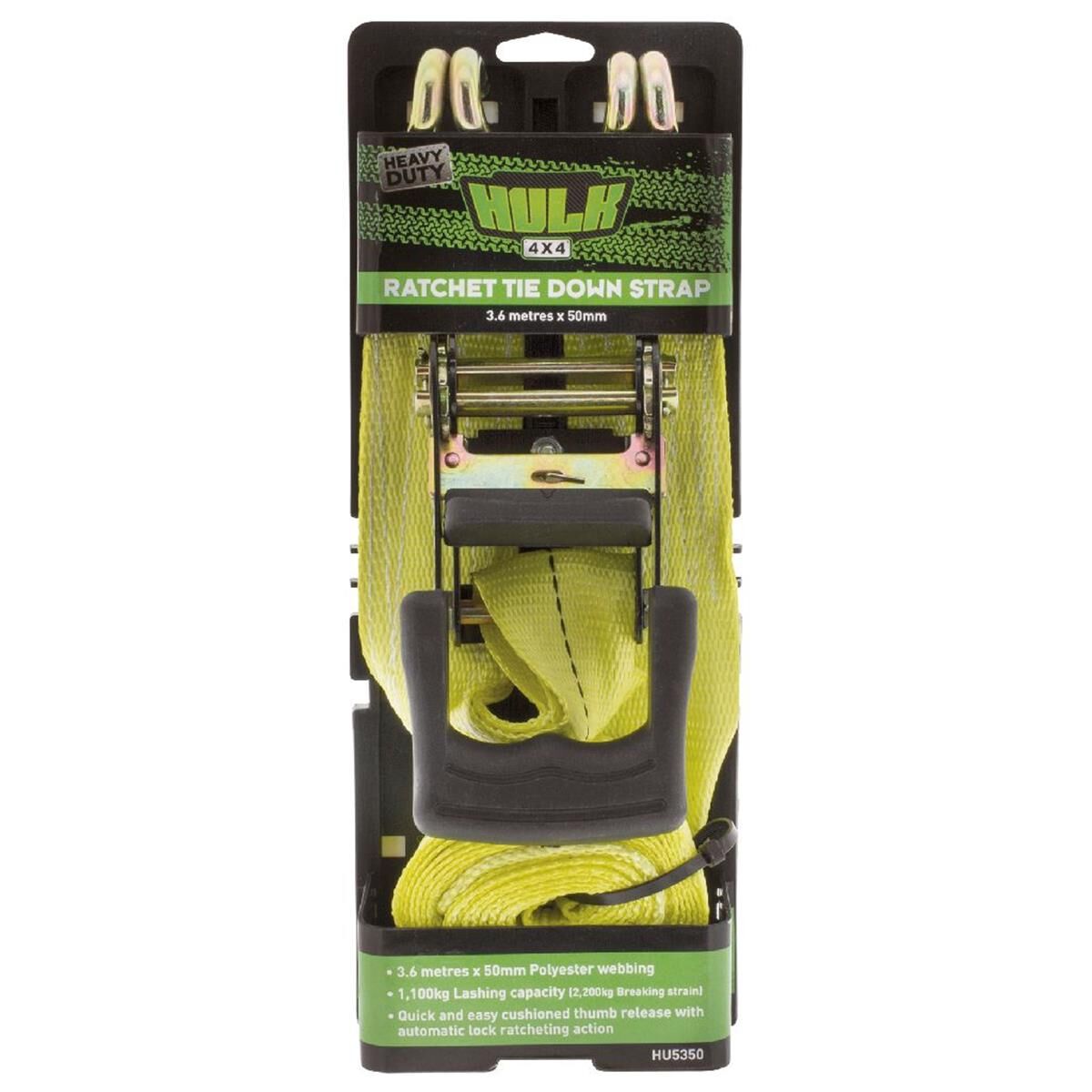QTY 1 HD RATCHET TIE DOWN 3.6m 1100kg 50mm YELLOW  HULK 4x4, , scanz_hi-res