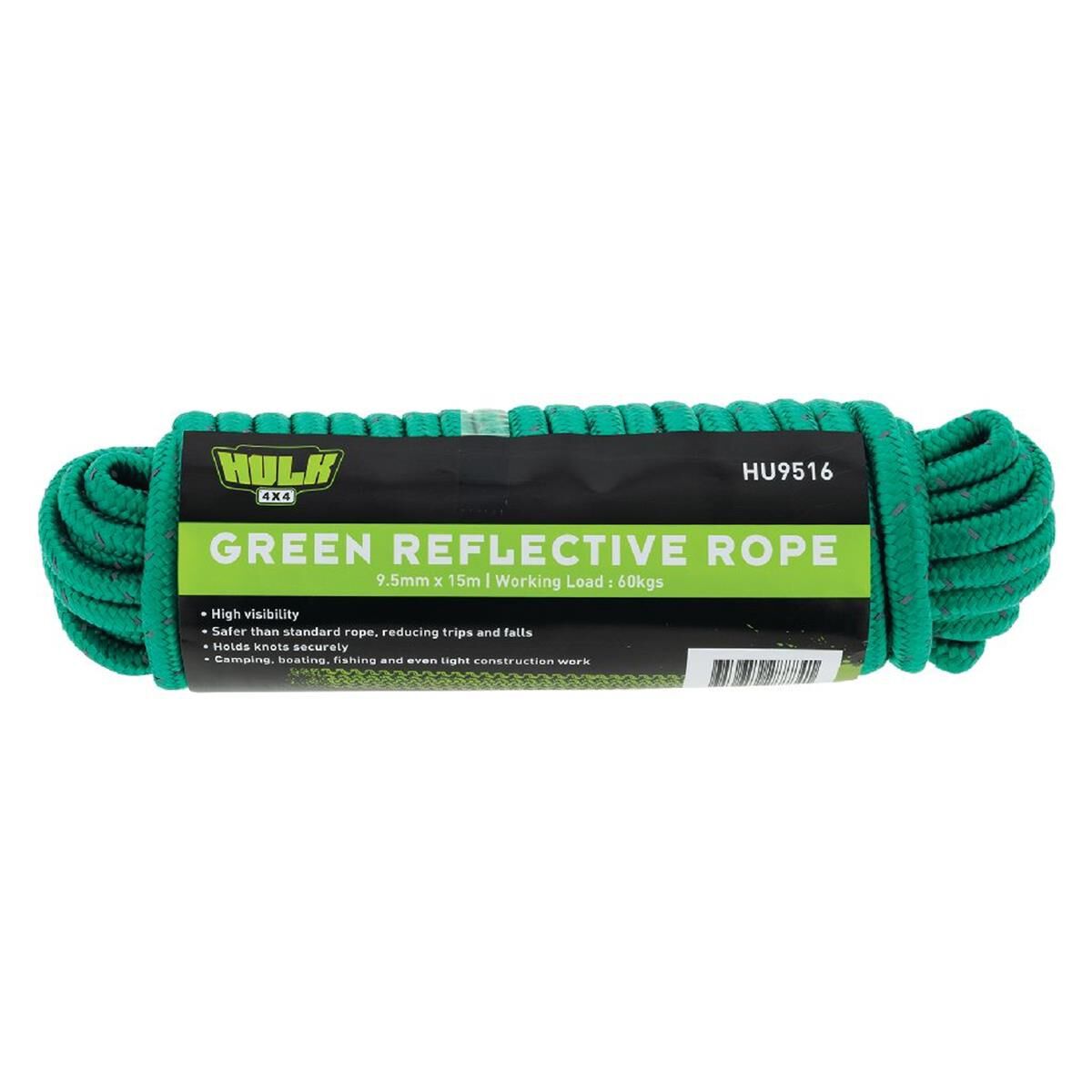 15 METRE GREEN ROPE WITH REFLECTIVE WEAVE WORKING LOAD 60KGS HULK, , scanz_hi-res