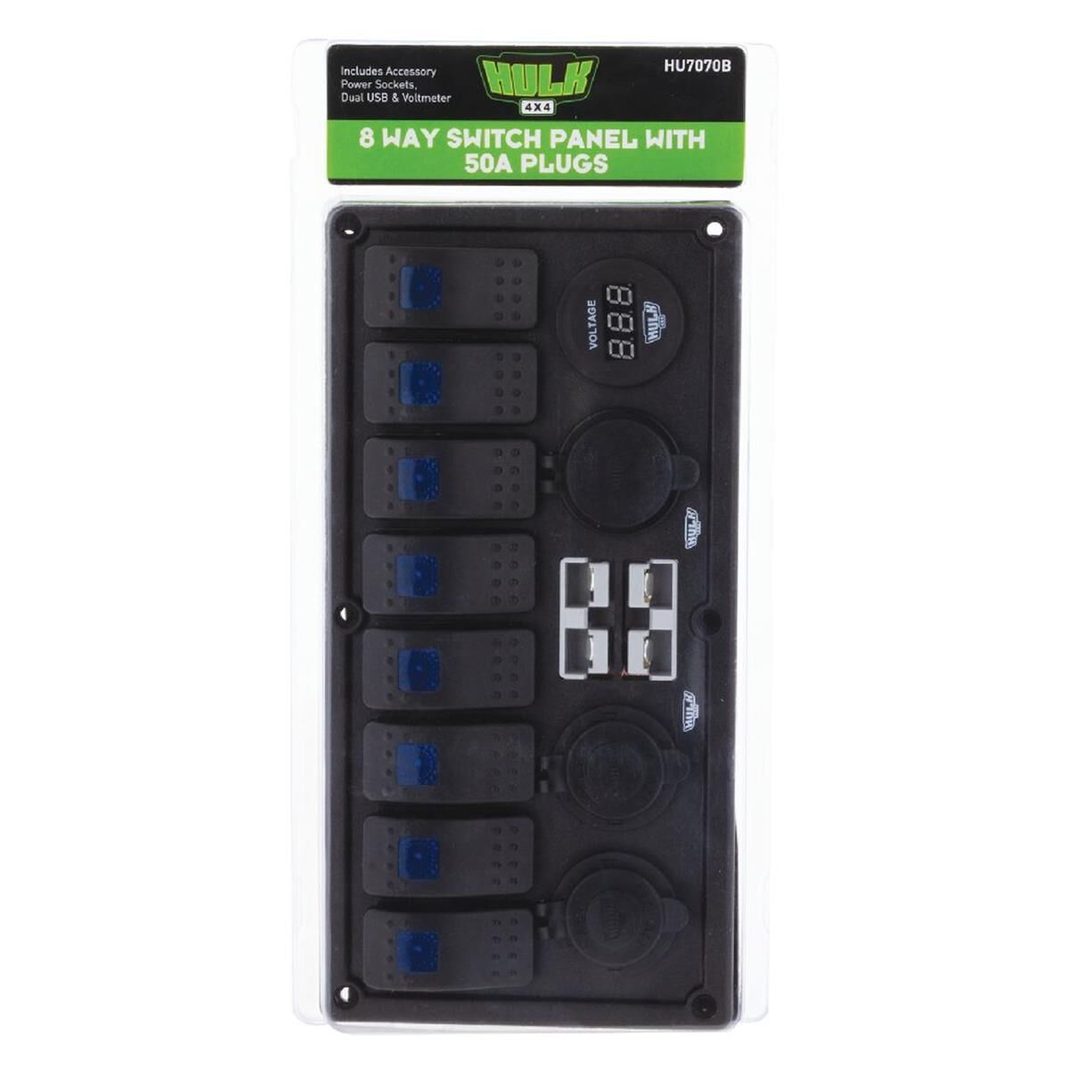 8 WAY SWITCH PANEL WITH 50A PLUGS ACC POWER SOCKETS & USB VOLTMETER, , scanz_hi-res