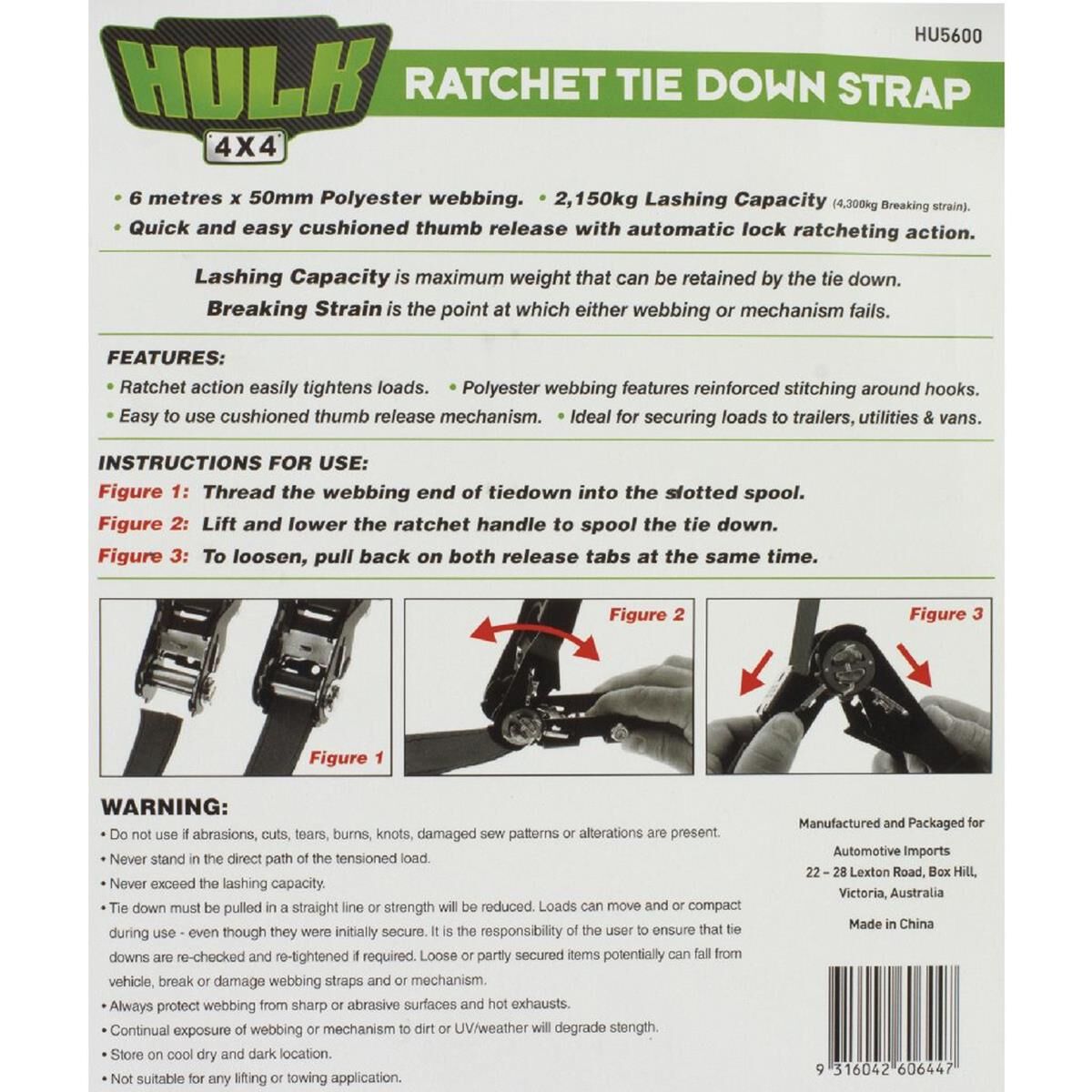 QTY 1 HD RATCHET TIEDOWN 6m 50mm 2150kg LASHING CAPACITY  HULK 4x4, , scanz_hi-res