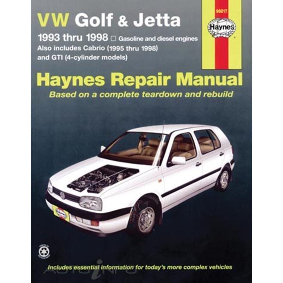 VW GOLF, GTI & JETTA HAYNES REPAIR MANUAL FOR 1993 THRU 1998, AND VW CABRIO 1995 THRU 2002, WITH 1.8L AND 2.0L GASOLINE ENGINES, AND 1.9L DIESEL ENGINE. DOES NOT INCLUDE INFORMATION SPECIFIC TO MODELS WITH THE 2.8L VR6 ENGINE., , scanz_hi-res