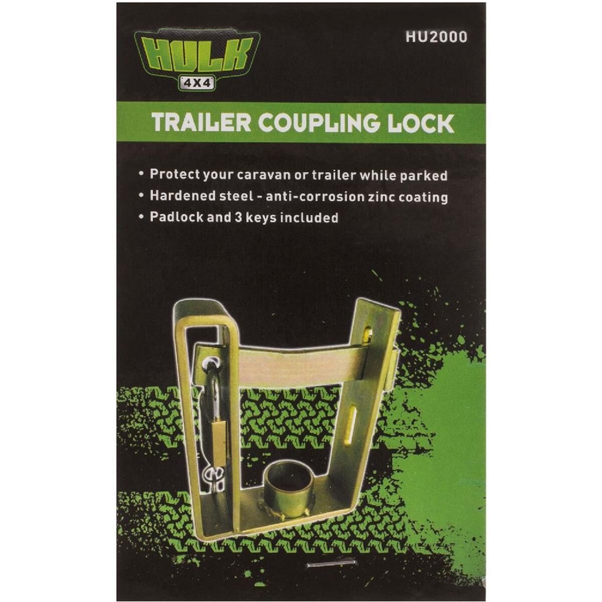 HULK TRAILER COUPLING LOCK INCLUDES PADLOCK & KEYS 190mmH X 145mm W 3mm, , scanz_hi-res