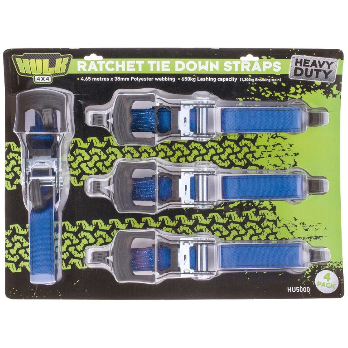 QTY 4 HD RATCHET TIE DOWN STRAPS 6.65m x 38mm BLUE  HULK 4x4, , scanz_hi-res