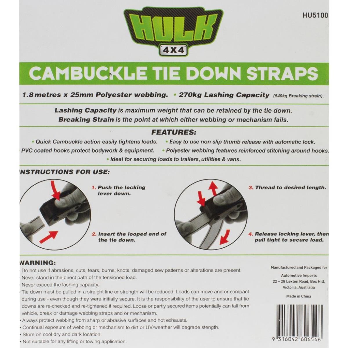 QTY 2 CAMBUCKLE TIEDOWN 1.8m x 25mm 250kg LASHING CAPACITY  HULK 4x4, , scanz_hi-res