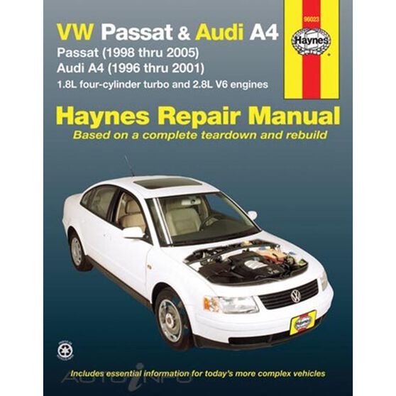 VW PASSAT 1998 THRU 2005 AND AUDI A4 1996 THRU 2001 HAYNES REPAIR MANUAL FOR MODELS WITH 1.8L FOUR-CYLINDER TURBO AND 2.8L V6 ENGINES. DOES NOT INCLUDE DIESEL ENGINE, W8 ENGINE OR S4 MODEL INFORMATION., , scanz_hi-res