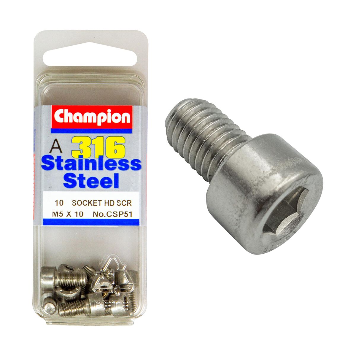 Champion Socket Head Cap Screws Stainless Steel M5x10mm 316/A4, , scanz_hi-res