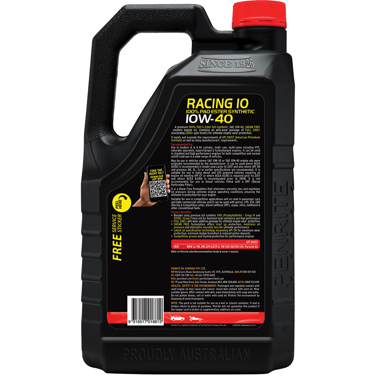 Penrite 10 Tenths Racing 10 Engine Oil - 10W-40 5 Litre, , scanz_hi-res