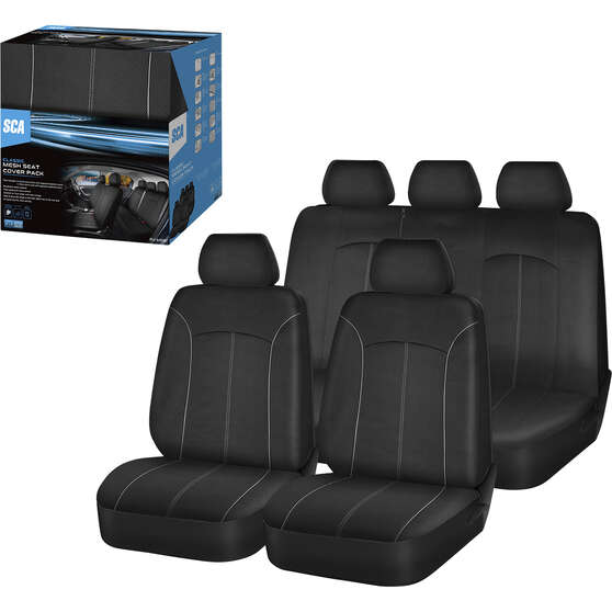 SCA Mesh Seat Cover Pack Black Adjustable Headrests Front Pair & Rear Bench, , scanz_hi-res