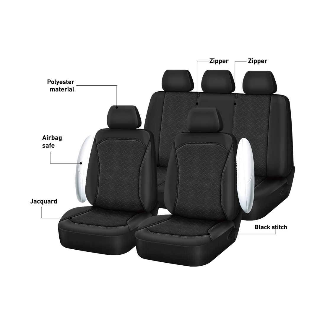 SCA Embroidered Jacquard Seat Cover Pack Black Adjustable Headrests Airbag Compatible 30&06H SAB, , scanz_hi-res