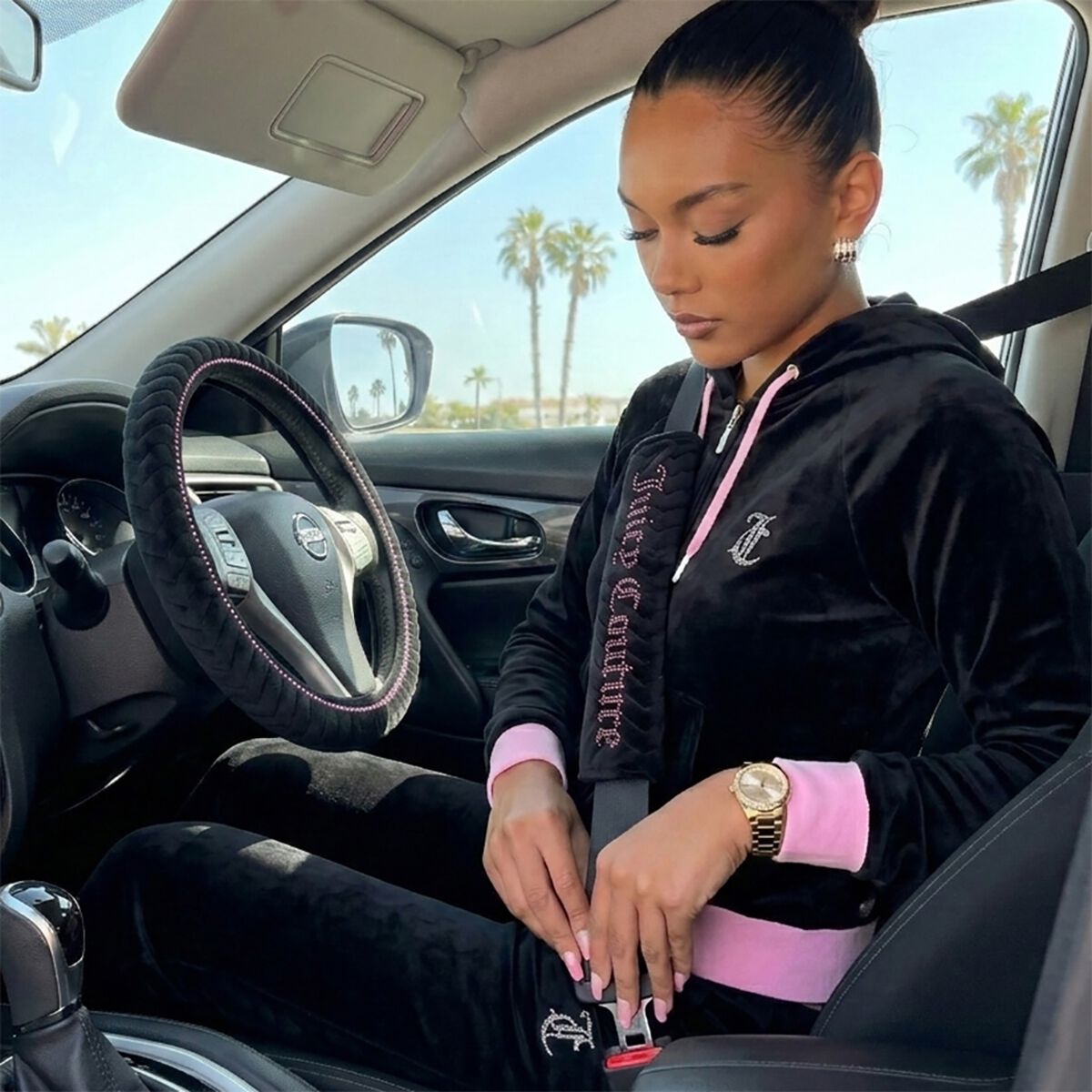 Juicy Couture Juicy Bling Steering Wheel Cover & Seat Belt Comforters Combo - Black/Purple, , scanz_hi-res