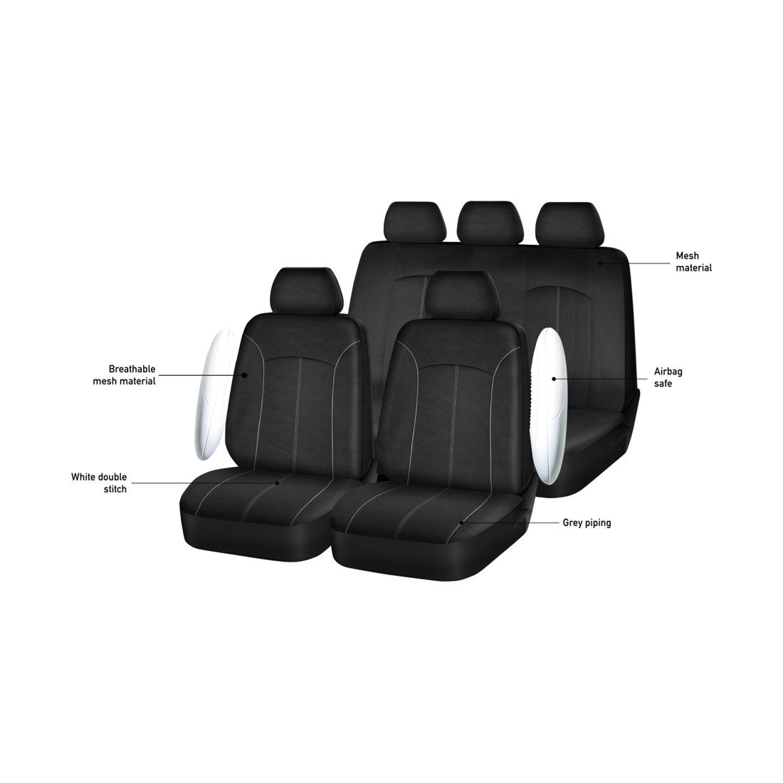 SCA Mesh Seat Cover Pack Black Adjustable Headrests Front Pair & Rear Bench, , scanz_hi-res