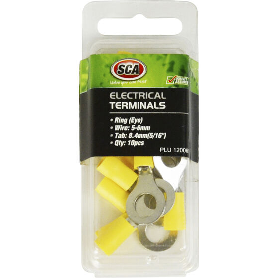 SCA Electrical Terminals - Ring (Eye), Yellow, 8.4mm, 10 Pack, , scanz_hi-res