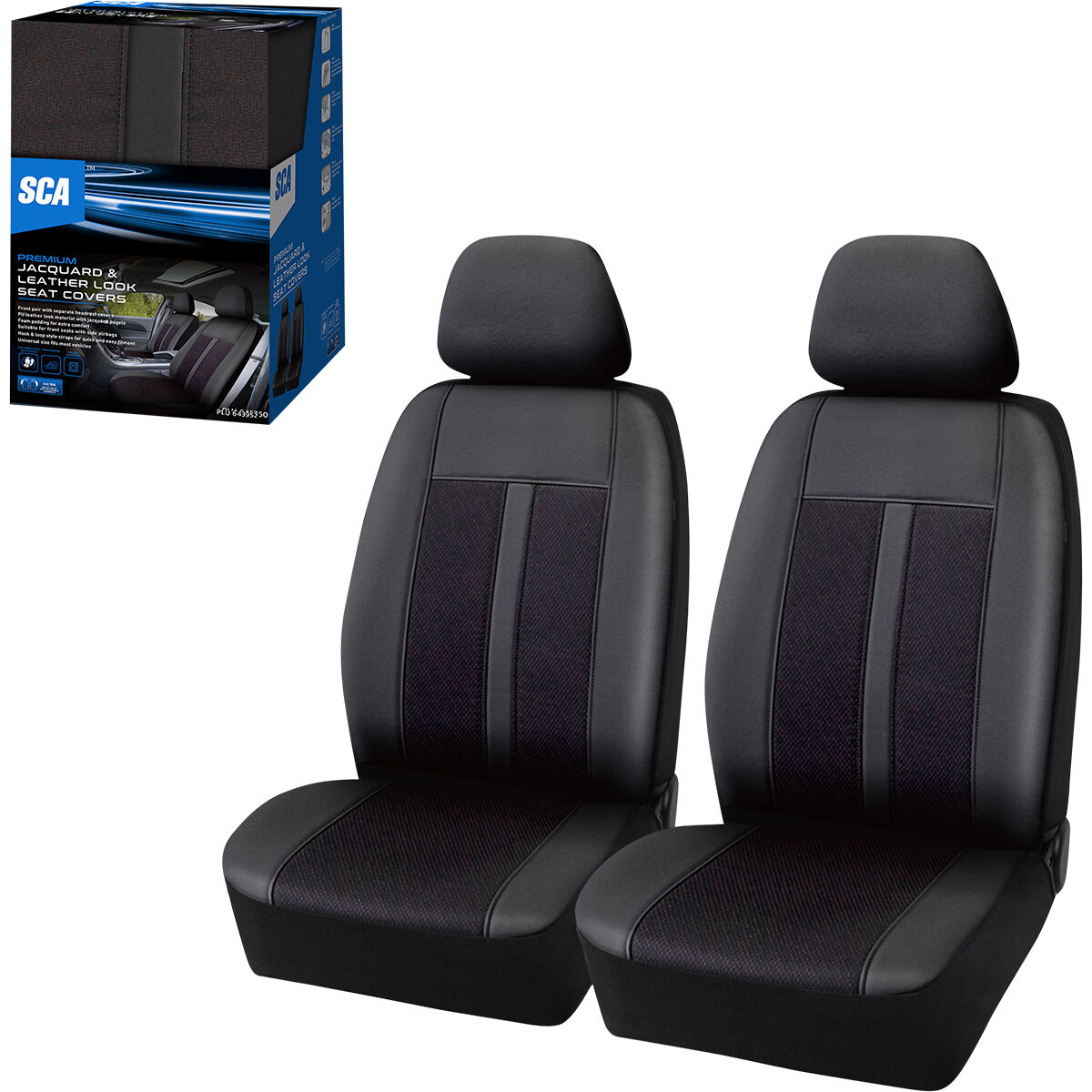 SCA Premium Jacquard & Leather Look Seat Covers Black/Red Adjustable Headrests Airbag Compatible 30SAB, , scanz_hi-res