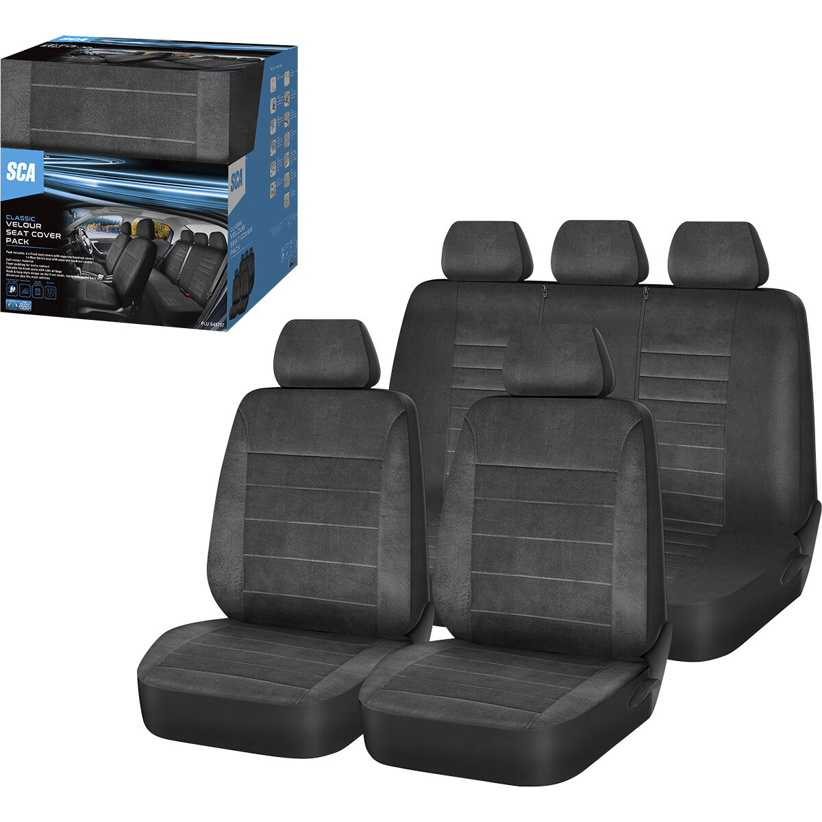 SCA Velour Executive Seat Cover Pack Grey Adjustable Headrests Airbag Compatible 30&06H SAB, , scanz_hi-res