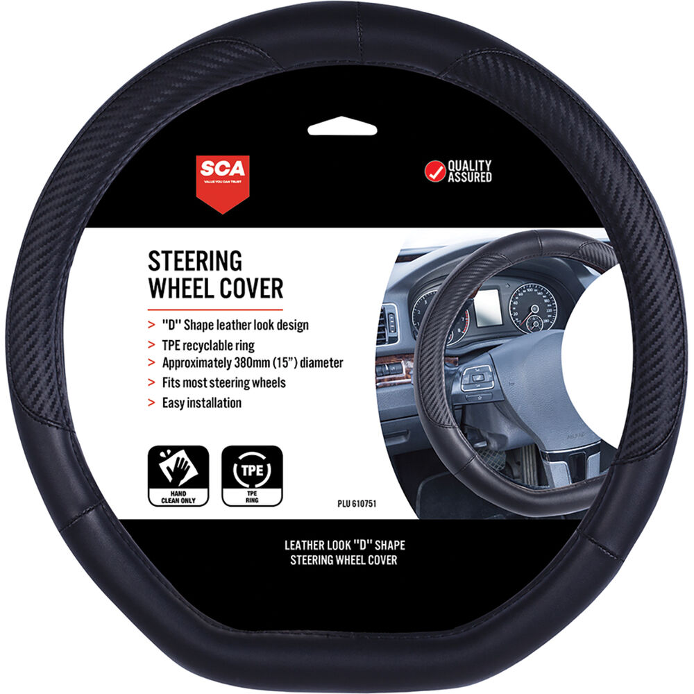 SCA Steering Wheel Cover Leather Look, Black, D Shape Supercheap