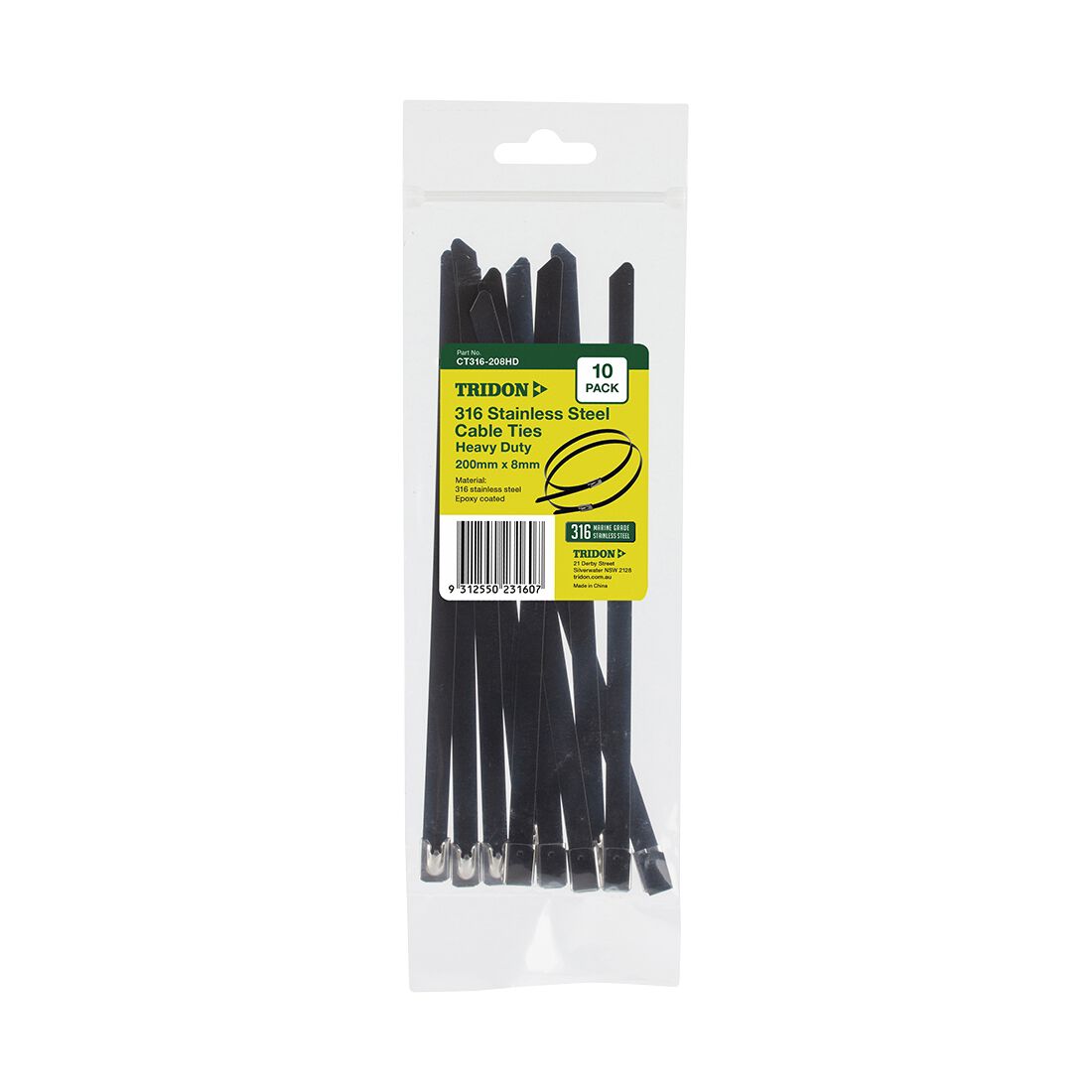 Tridon 316 Stainless Steel Cable Ties - Black Epoxy Coated, 200mm x 8mm, 10 Pack - CT316-208HD, , scanz_hi-res