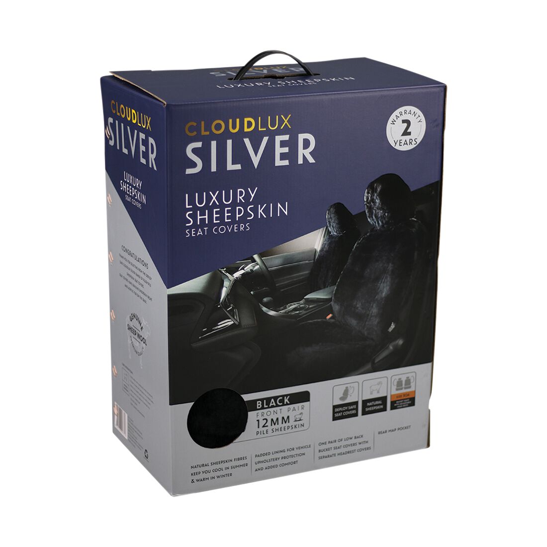 Silver CLOUDLUX Sheepskin Seat Covers - Black Adjustable Headrests Size 30 Front Pair Airbag Compatible, , scanz_hi-res