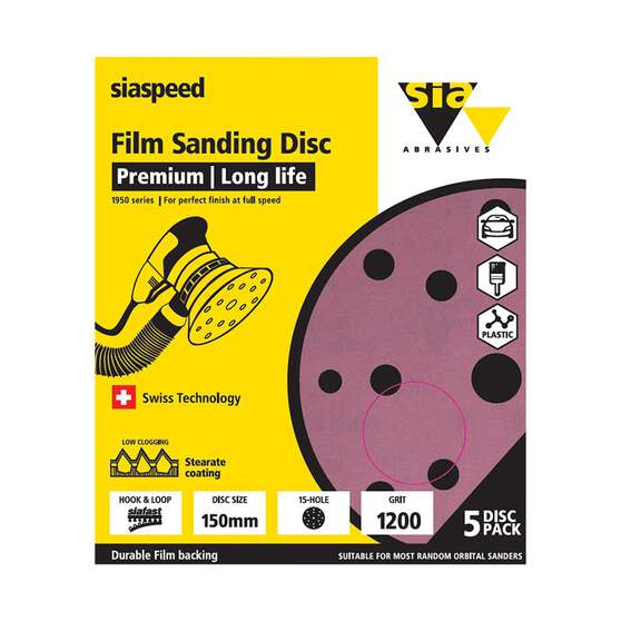 SIA Abrasives 150mm Premium Wet & Dry Sanding Disc, 1950 Series, 8 Hole, 1200 Grit, 5 Pack, , scanz_hi-res