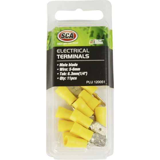 SCA Electrical Terminals - Male Blade, Yellow, 6.3mm, 11 Pack, , scanz_hi-res