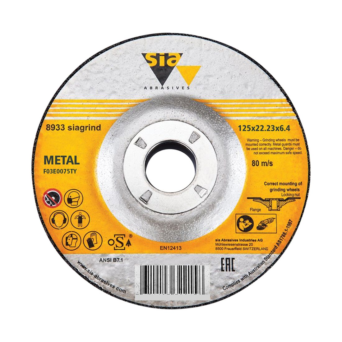 SIA Abrasives Grinding Disc, 8933 Series, 125X6X22.2 Inox/Steel Bonded, , scanz_hi-res