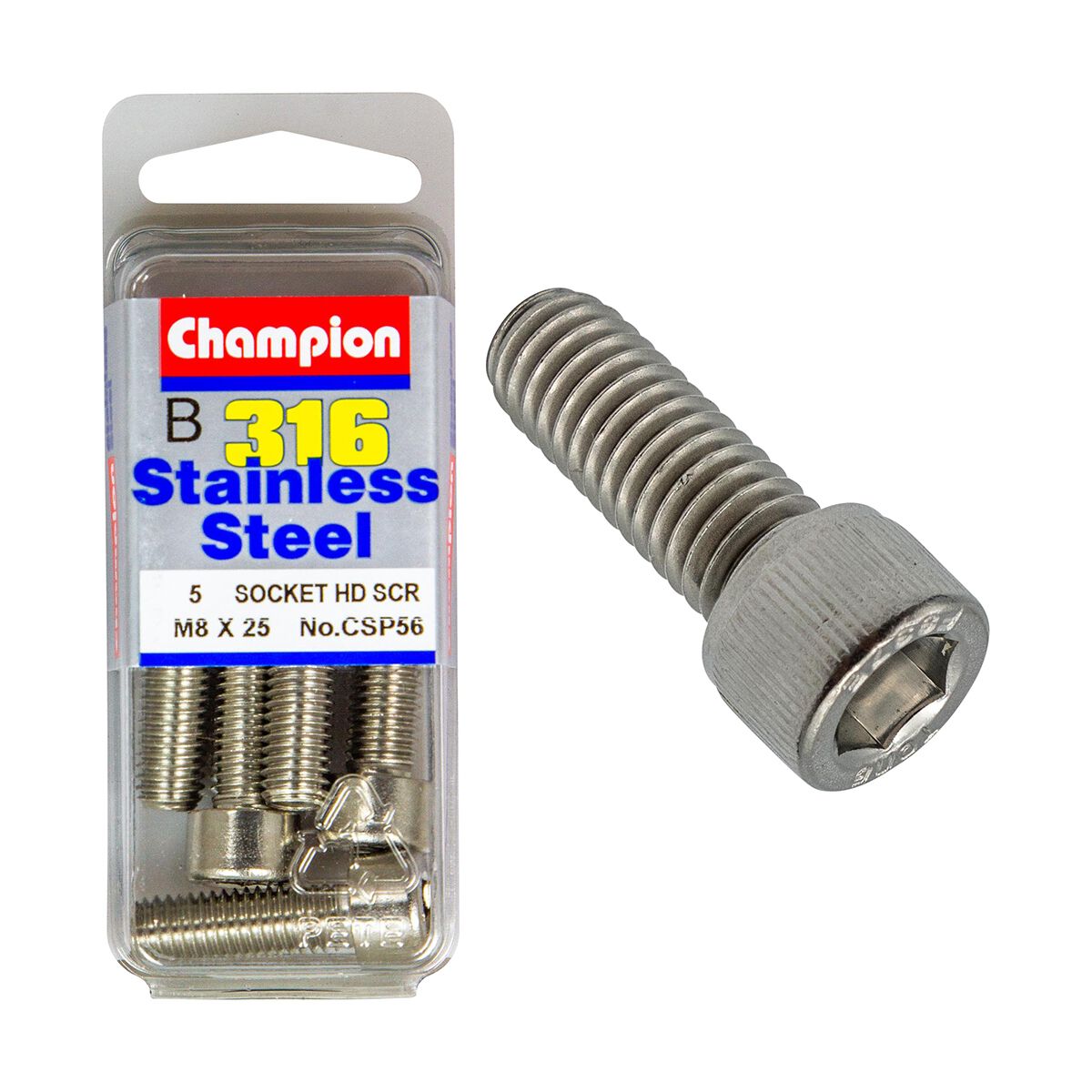 Champion Socket Head Cap Screws Stainless Steel M8x25mm 316/A4, , scanz_hi-res