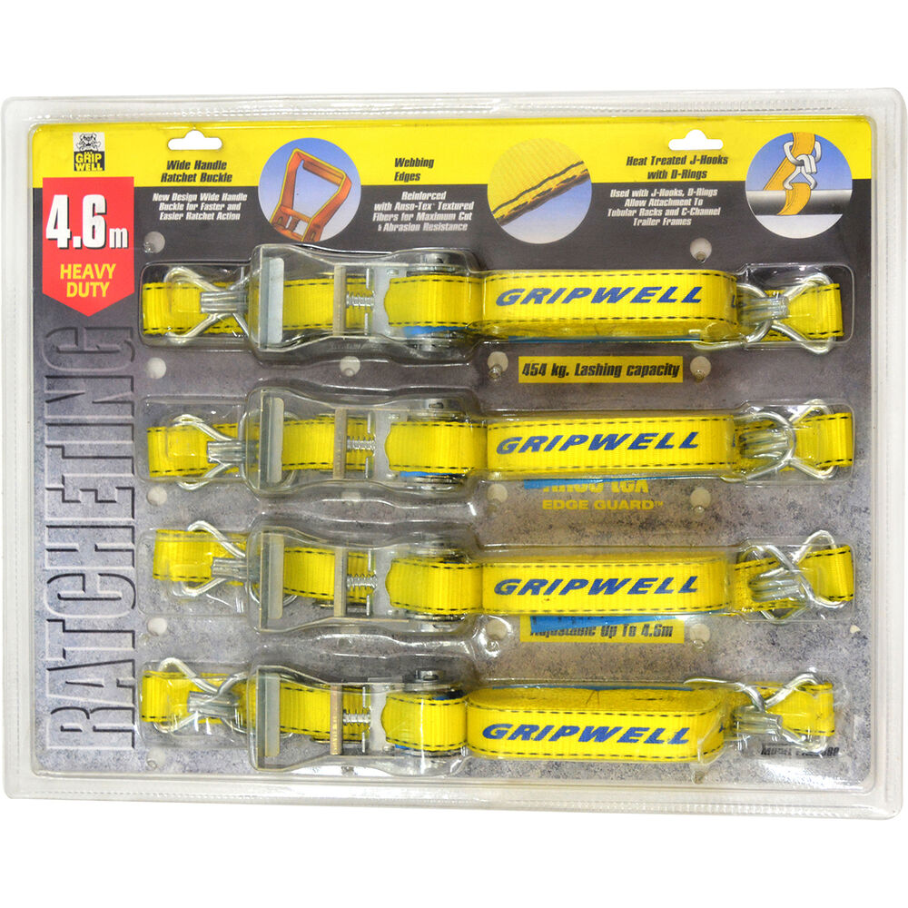 Gripwell Ratchet Tie Down 4.6m, 454kg, 4 Pack Supercheap Auto New