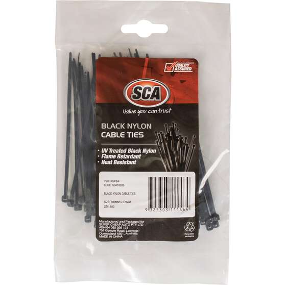 SCA Cable Ties - Black, 100mm x 2.5mm, 100 Pack, , scanz_hi-res