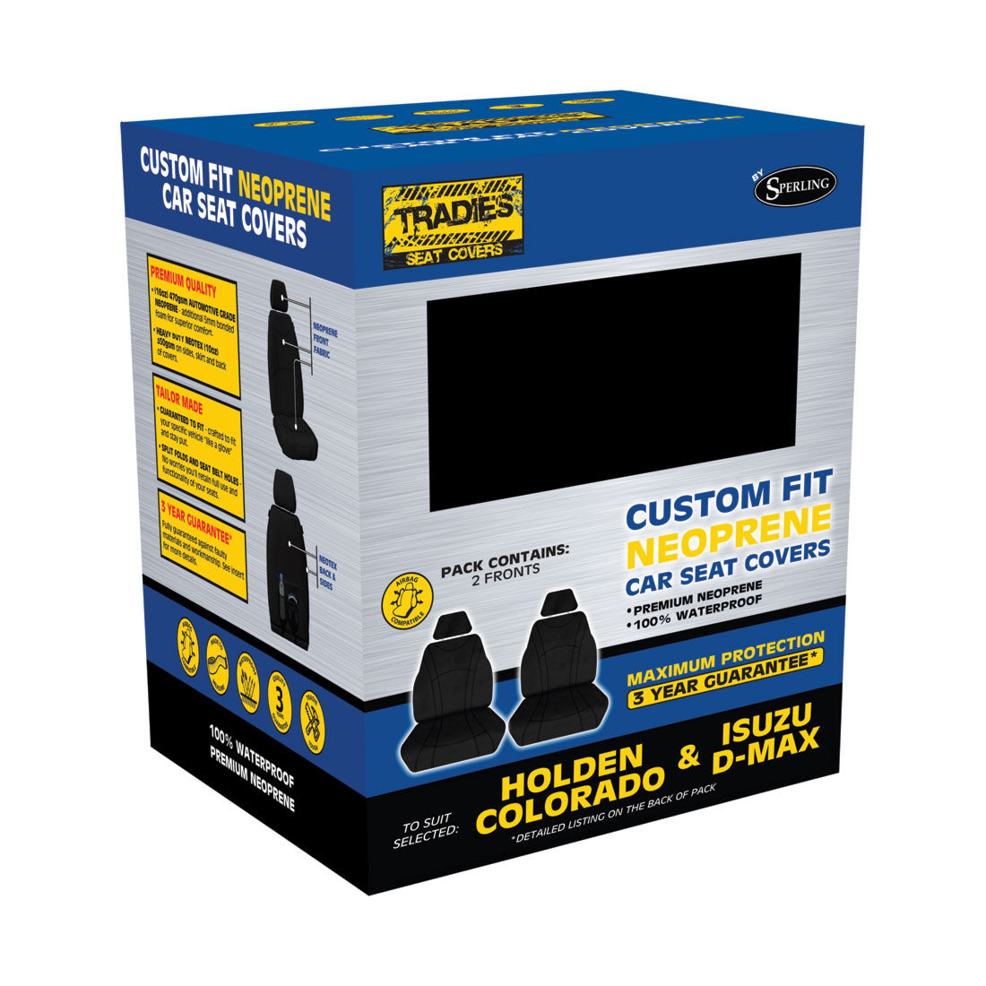 Getaway Neoprene Ready Made Seat Covers Front Pair Black suits Colorado/DMAX/MUX, , scanz_hi-res