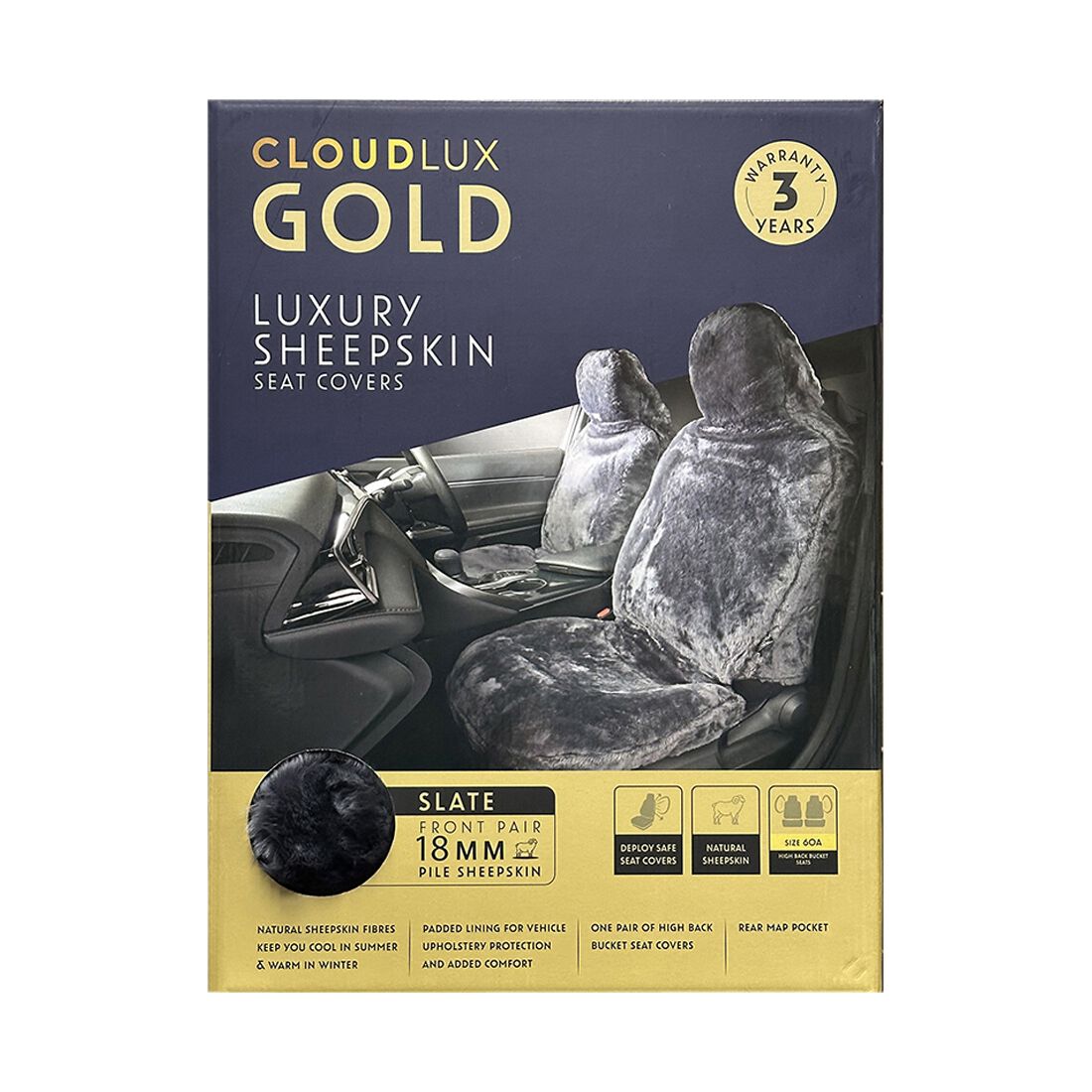 Gold CLOUDLUX Sheepskin Seat Covers - Slate Built-in Headrests Size 60 Airbag Compatible, , scanz_hi-res