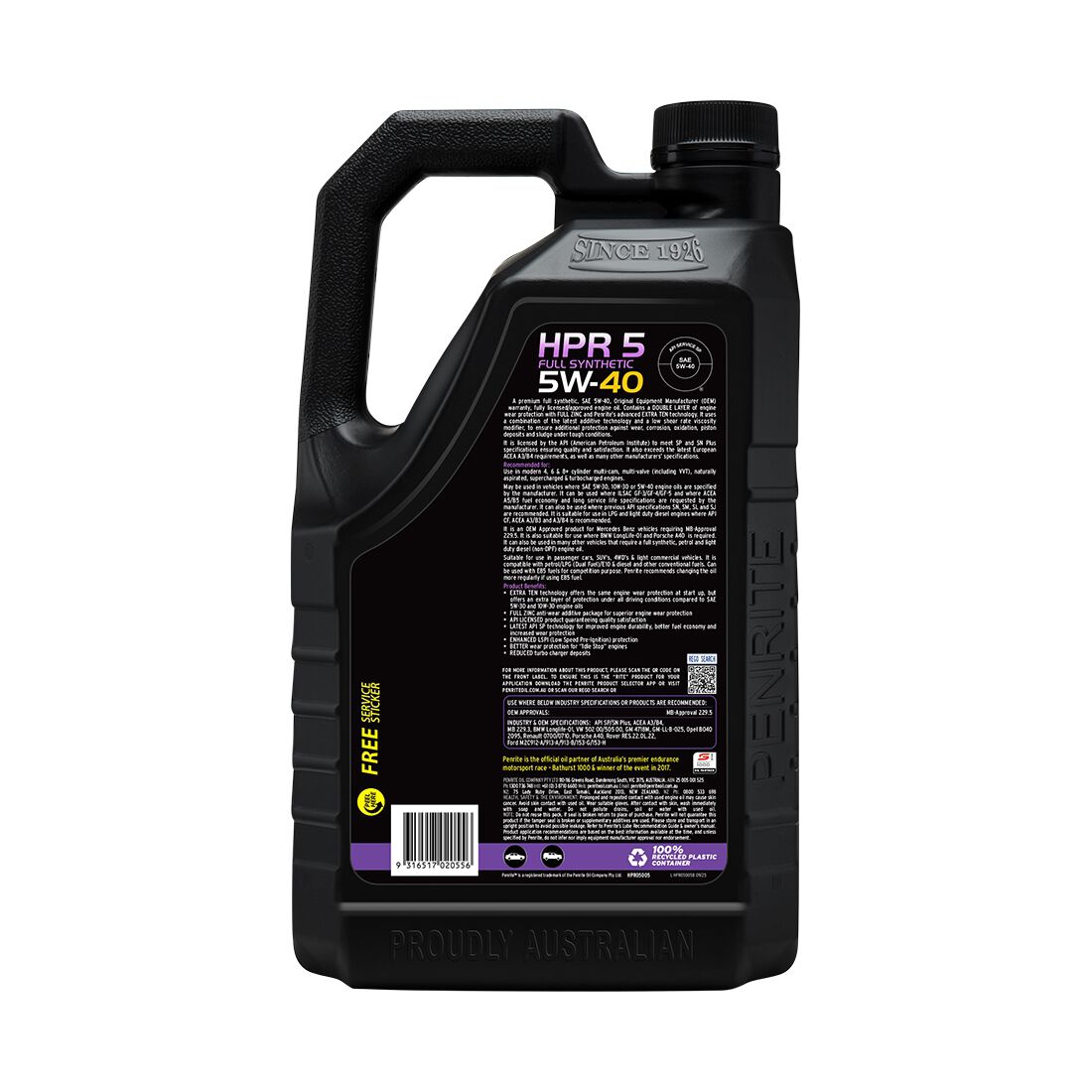 Penrite HPR 5 Engine Oil - 5W-40, 5 Litre, , scanz_hi-res