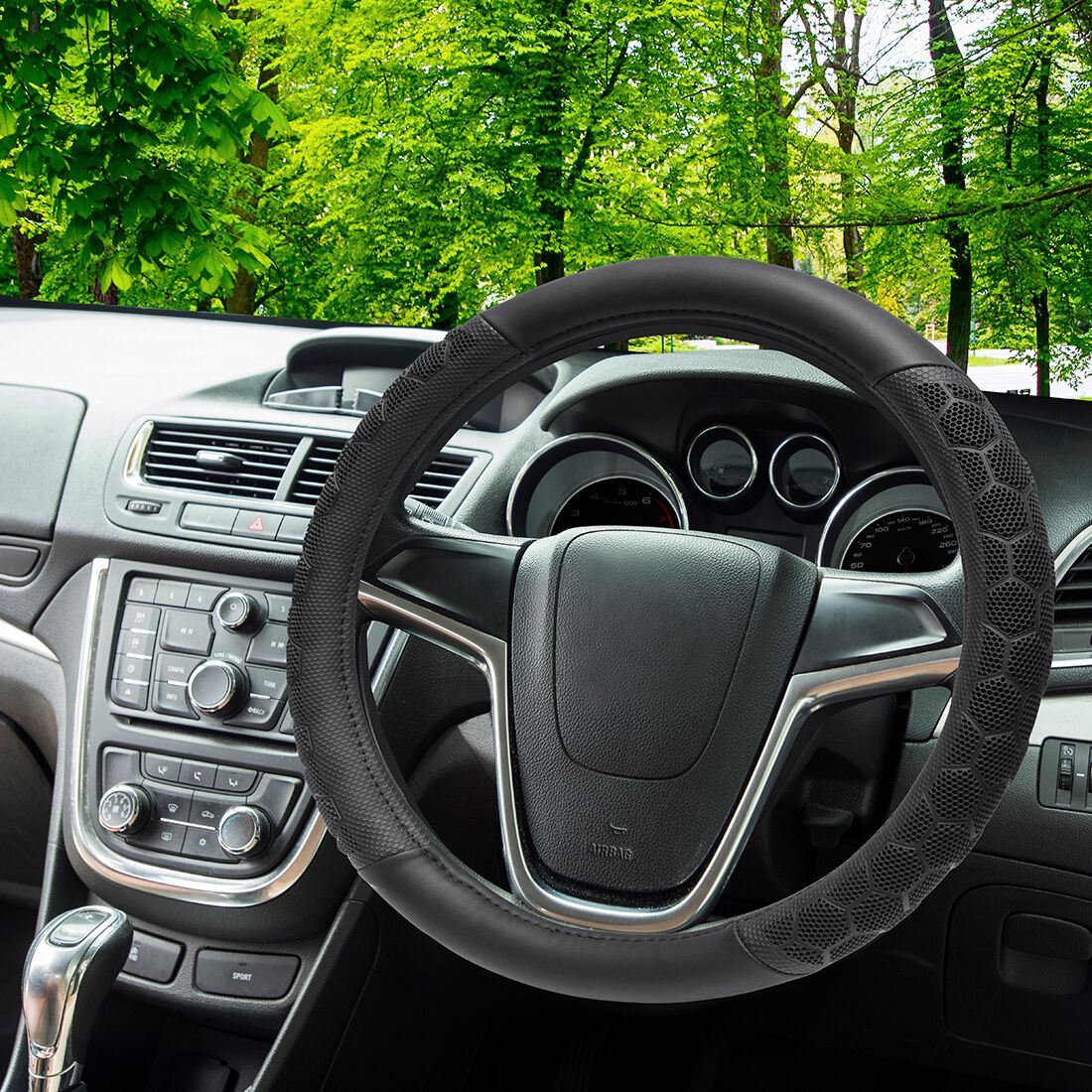 SCA Steering Wheel Cover - Leather Look & Rubber, Black and Grey, 380mm, , scanz_hi-res