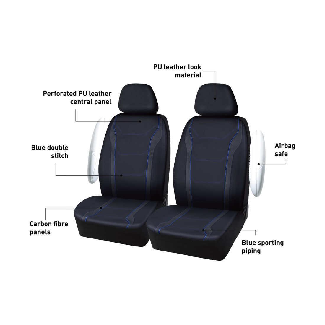 SCA Sports Leather Look & Carbon Seat Covers Black/Blue Adjustable Headrests Airbag Compatible, , scanz_hi-res