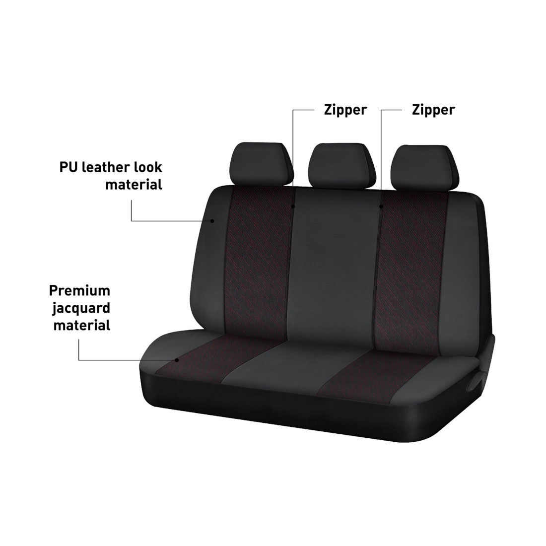 SCA Premium Jacquard & Leather Look Seat Covers Black/Red Adjustable Headrests Rear Bench 06H, , scanz_hi-res