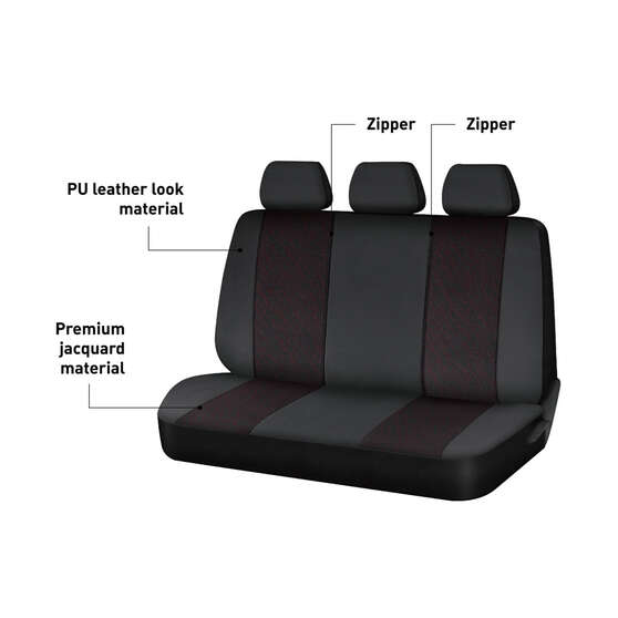 SCA Premium Jacquard & Leather Look Seat Covers Black/Red Adjustable Headrests Rear Bench 06H, , scanz_hi-res