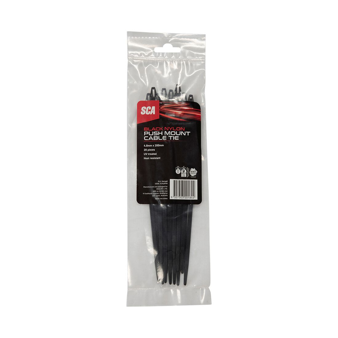 SCA Push Mount Ties Pack of 20, 200 x 4.8mm, Black, , scanz_hi-res