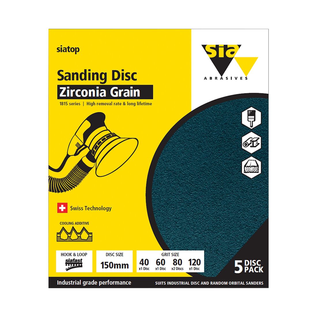 SIA Abrasives 150mm Heavy Duty Sanding Disc, 1815 Series, No Hole, Mixed Grit, 5 Pack, , scanz_hi-res