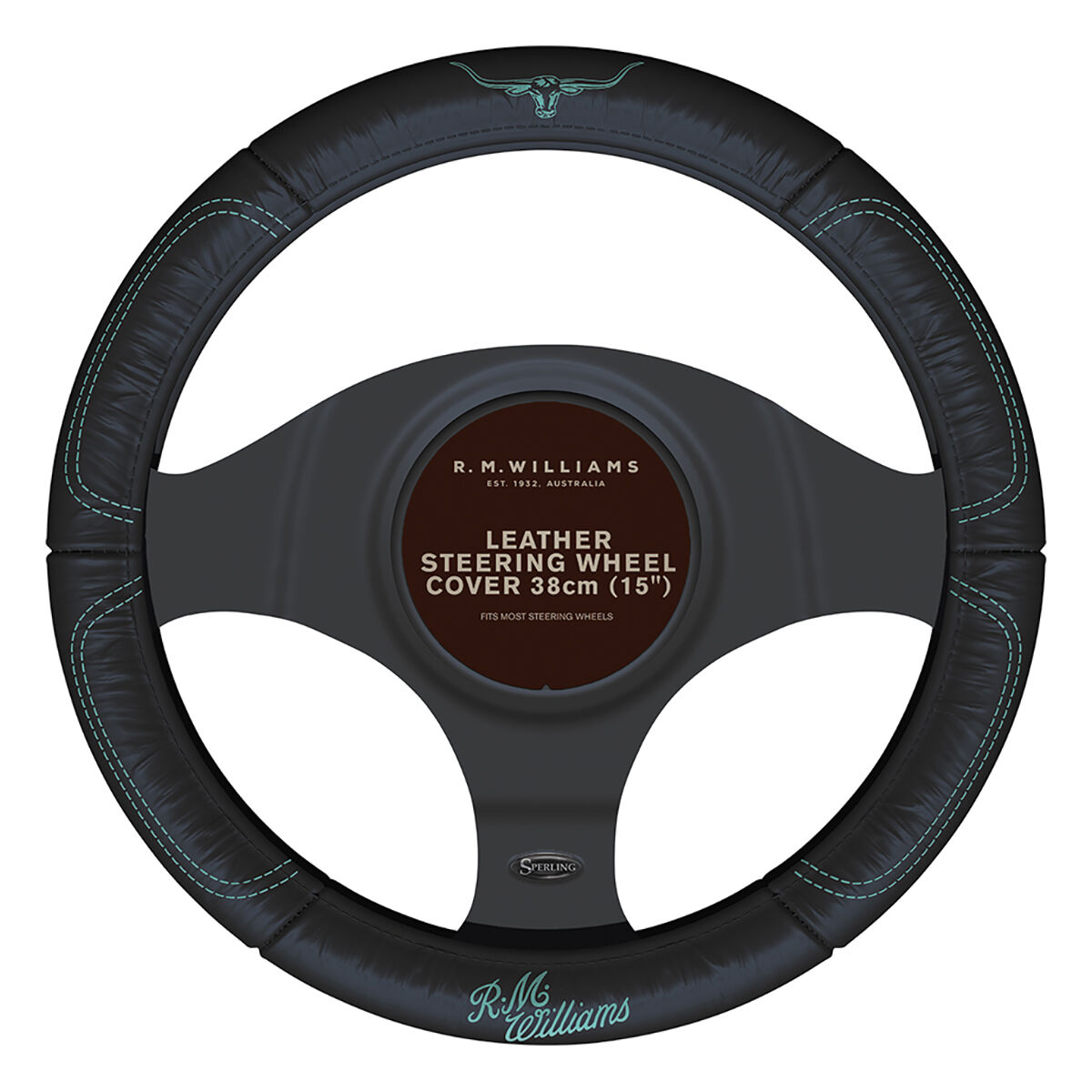R.M.Williams Aqua Steering Wheel Cover Leather Black/Aqua 380mm Diameter, , scanz_hi-res
