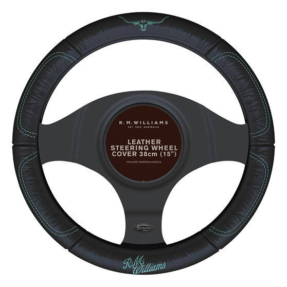 R.M.Williams Aqua Steering Wheel Cover Leather Black/Aqua 380mm Diameter, , scanz_hi-res