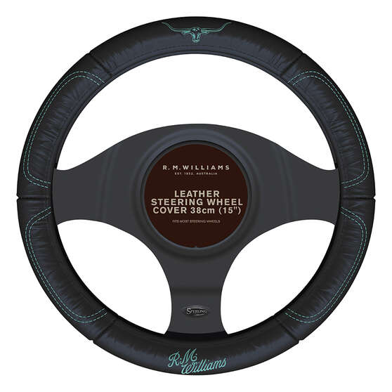 R.M.Williams Aqua Steering Wheel Cover Leather Black/Aqua 380mm Diameter, , scanz_hi-res