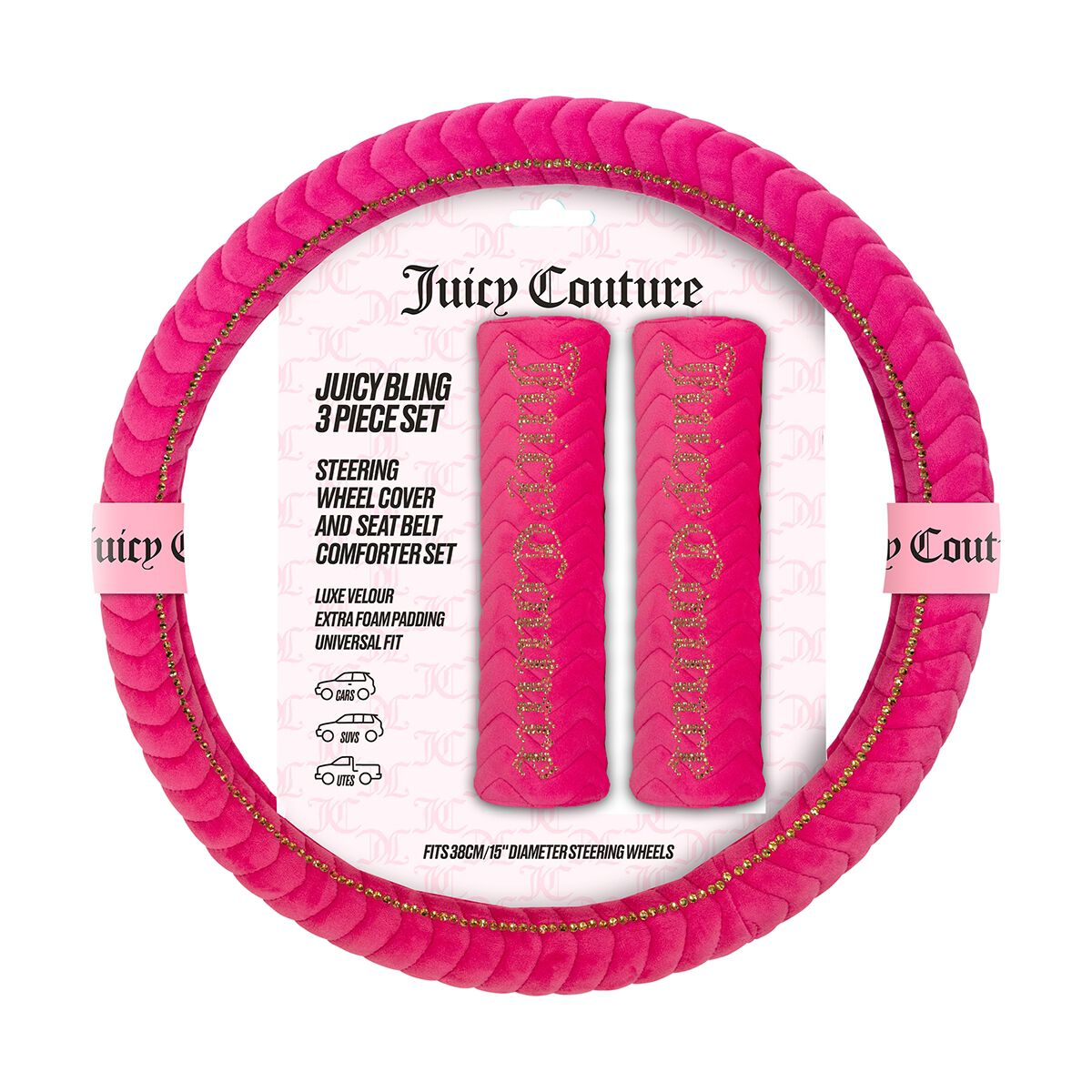 Juicy Couture Juicy Bling Steering Wheel Cover & Seat Belt Comforters Combo - Pink/Gold, , scanz_hi-res