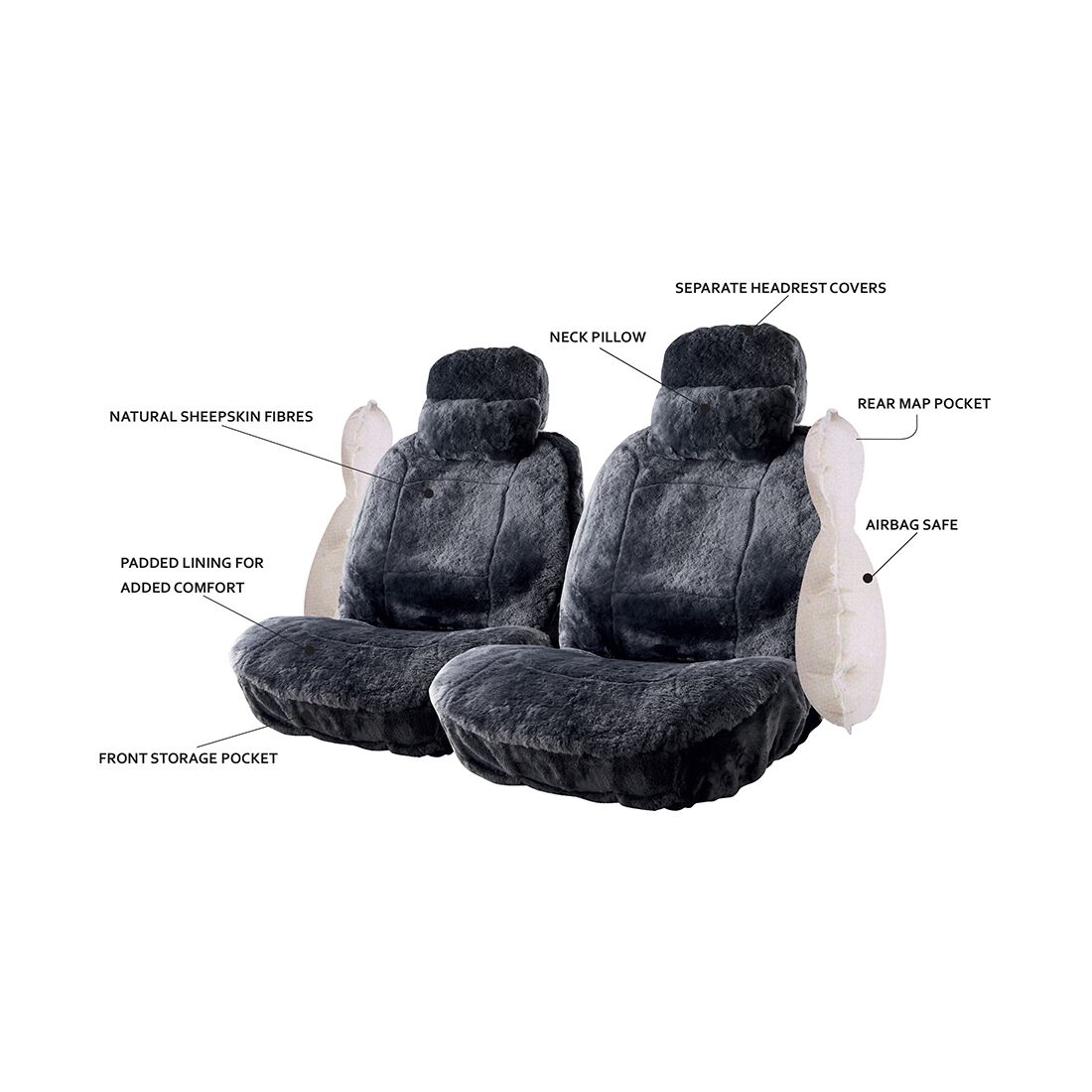 Platinum CLOUDLUX Sheepskin Seat Covers - Slate Adjustable Headrests Size 30 Front Pair Airbag Compatible, , scanz_hi-res