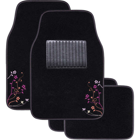 SCA Blossom Carpet Car Floor Mats - Set of 4, Black/Purple/Orange, , scanz_hi-res