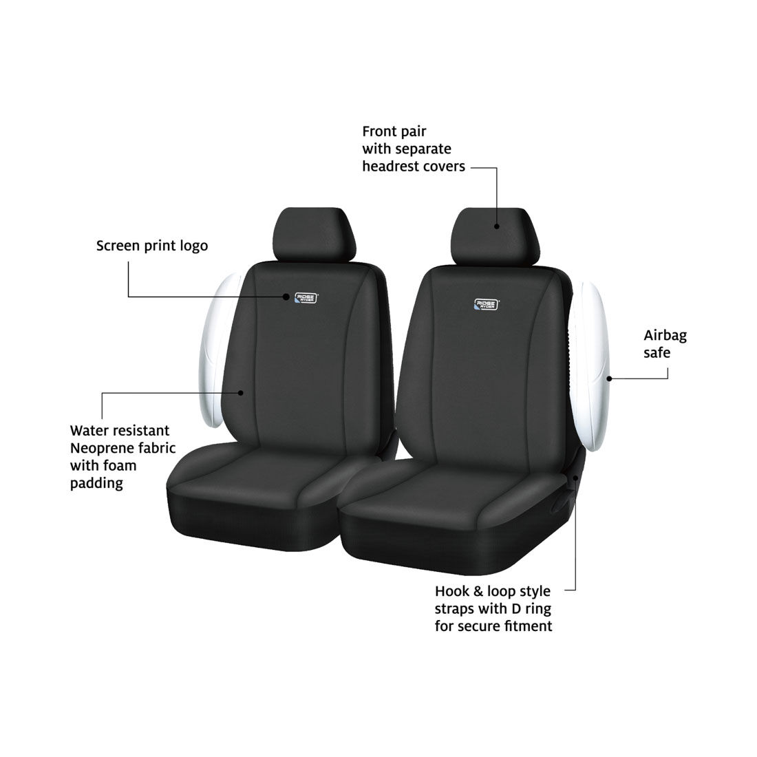 Ridge Ryder Neoprene Seat Covers Black Adjustable Headrests Airbag Compatible 30SAB, , scanz_hi-res