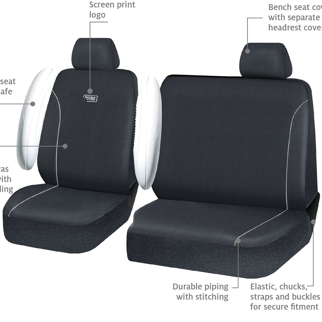 Ridge Ryder Canvas Piping Seat Covers Black/Grey 401SAB, , scanz_hi-res