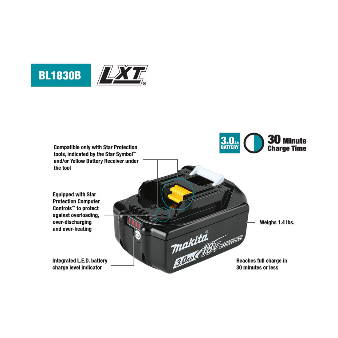Makita 18V 3.0Ah Battery BL1830B, , scanz_hi-res