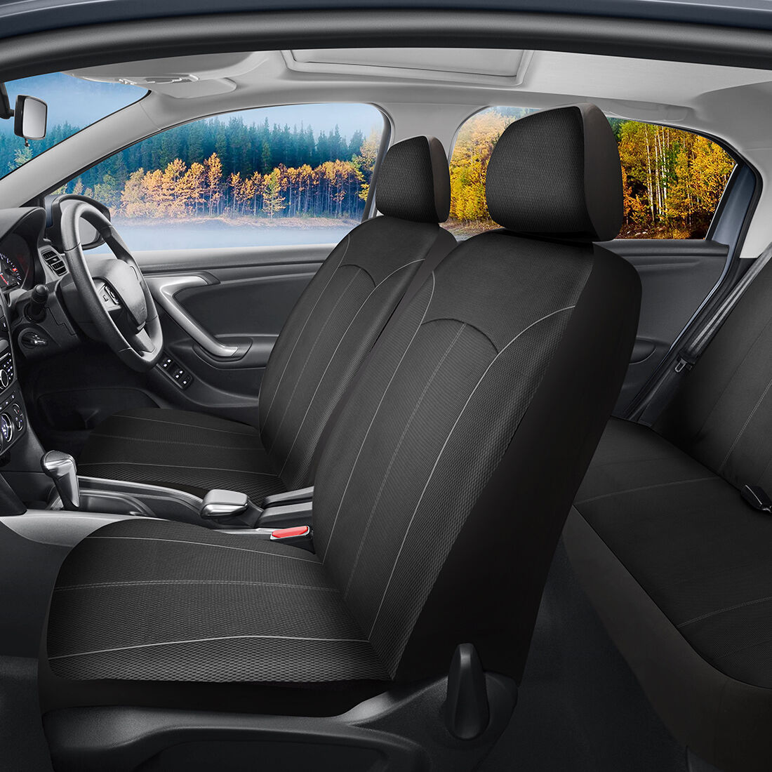 SCA Mesh Seat Cover Pack Black Adjustable Headrests Front Pair & Rear Bench, , scanz_hi-res