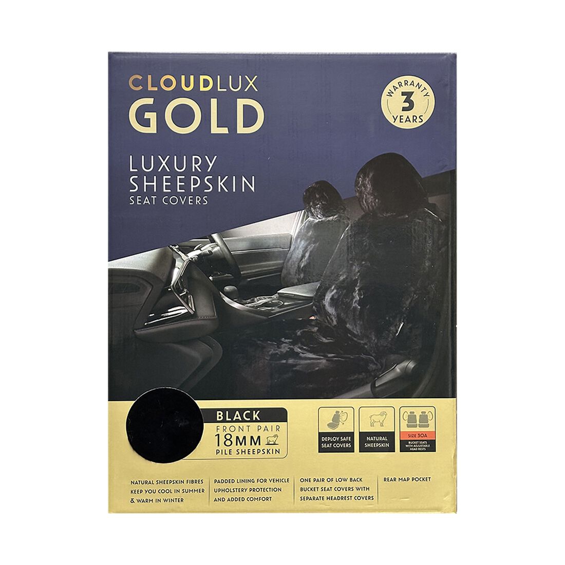 Gold CLOUDLUX Sheepskin Seat Covers - Black Adjustable Headrests Size 30 Airbag Compatible, , scanz_hi-res