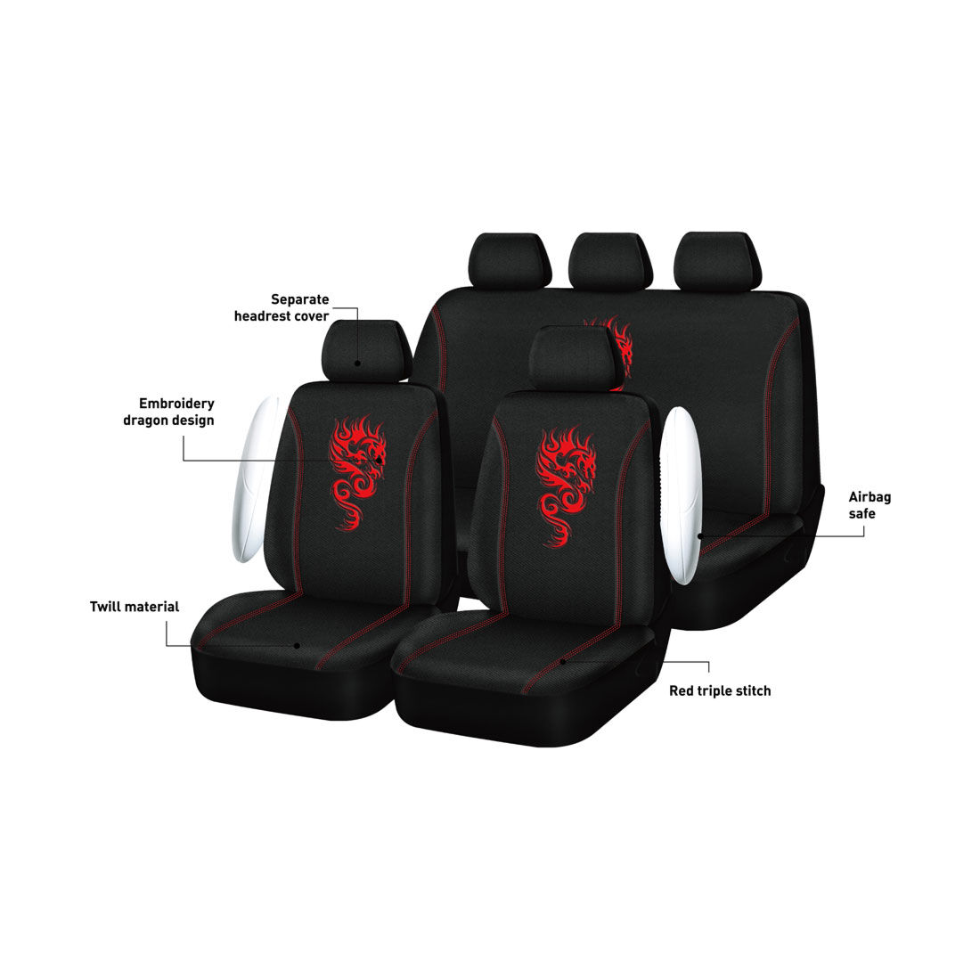 SCA Dragon Seat Cover Pack Red Adjustable Headrests Airbag Compatible 30&06H SAB, , scanz_hi-res