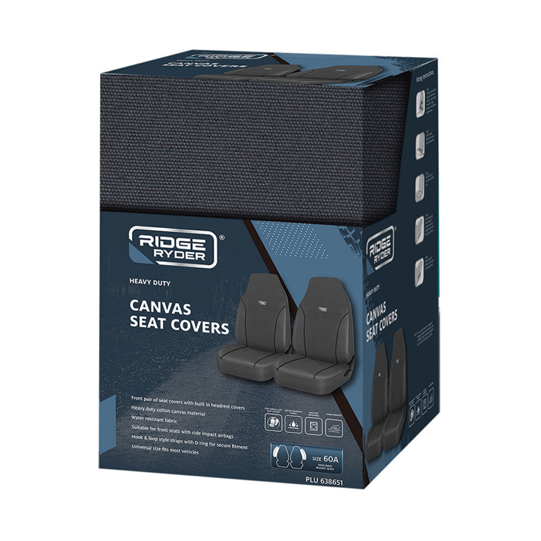 Ridge Ryder Canvas Seat Covers Charcoal/Black Piping Built-In Headrests Airbag Compatible 60SAB, , scanz_hi-res