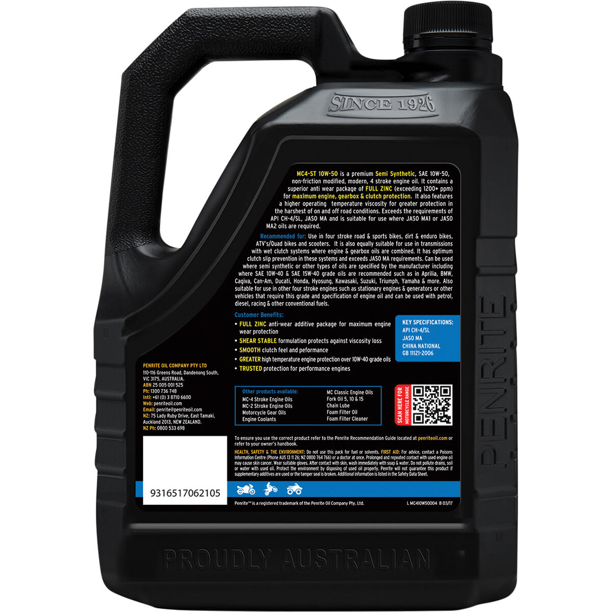 Penrite MC-4 Semi Synthetic Motorcycle Oil - 10W-50, 4 Litre, , scanz_hi-res